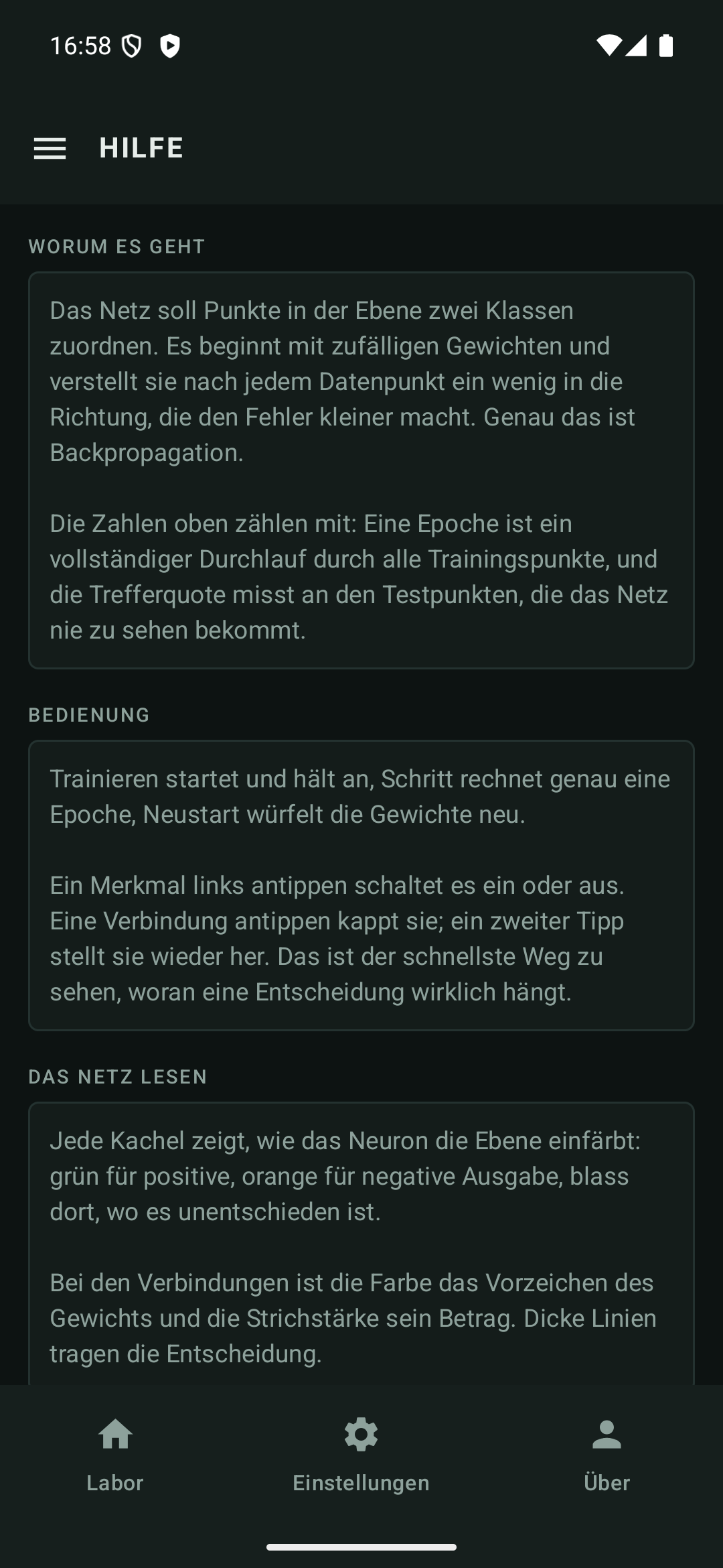 Die Hilfeseite in der App