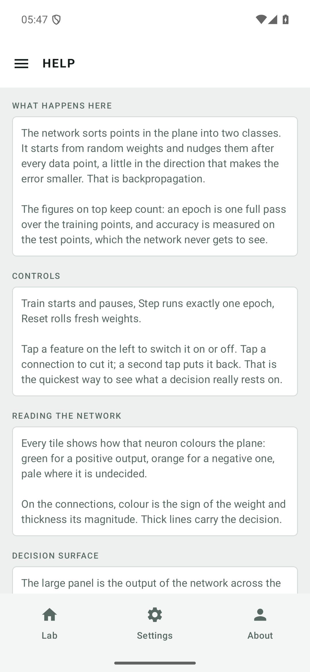 The help page inside the app