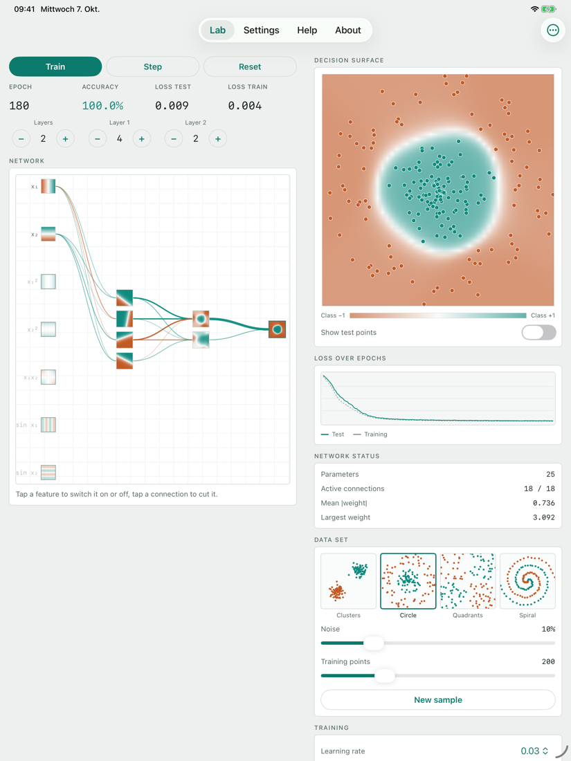 The app on the iPad, two columns with network and decision surface
