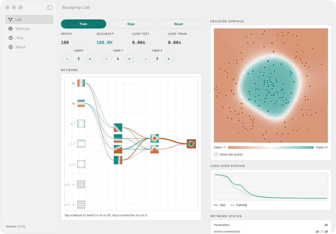 The app on the Mac, with sidebar, network and decision surface