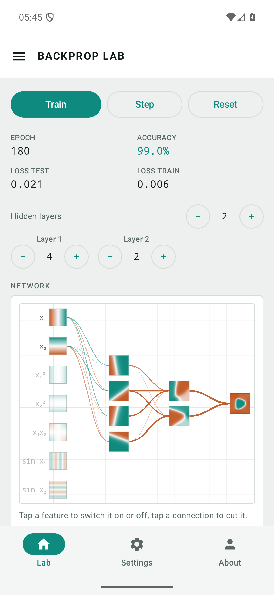 The network diagram with a tile on every neuron