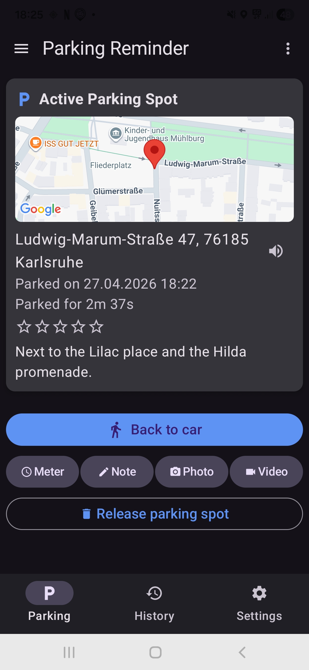Active parking spot with map and note