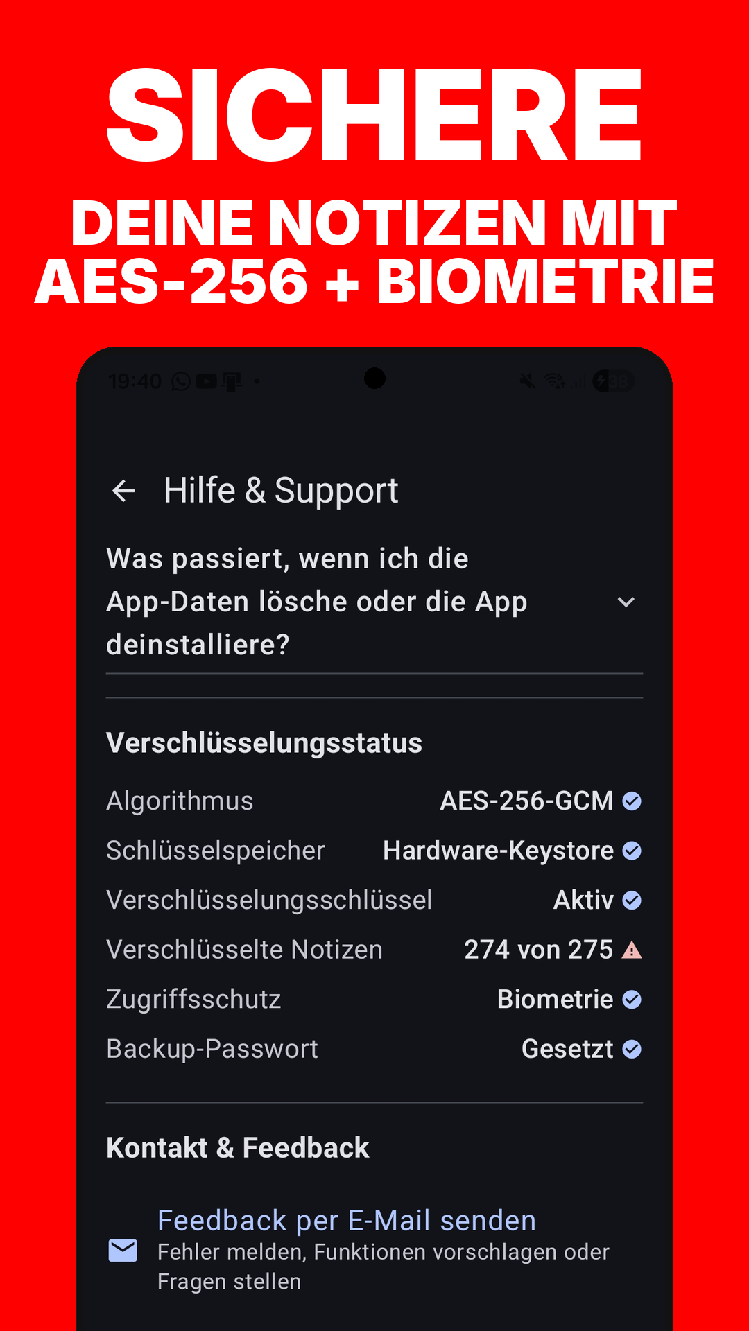Notizen mit AES-256 und Biometrie absichern