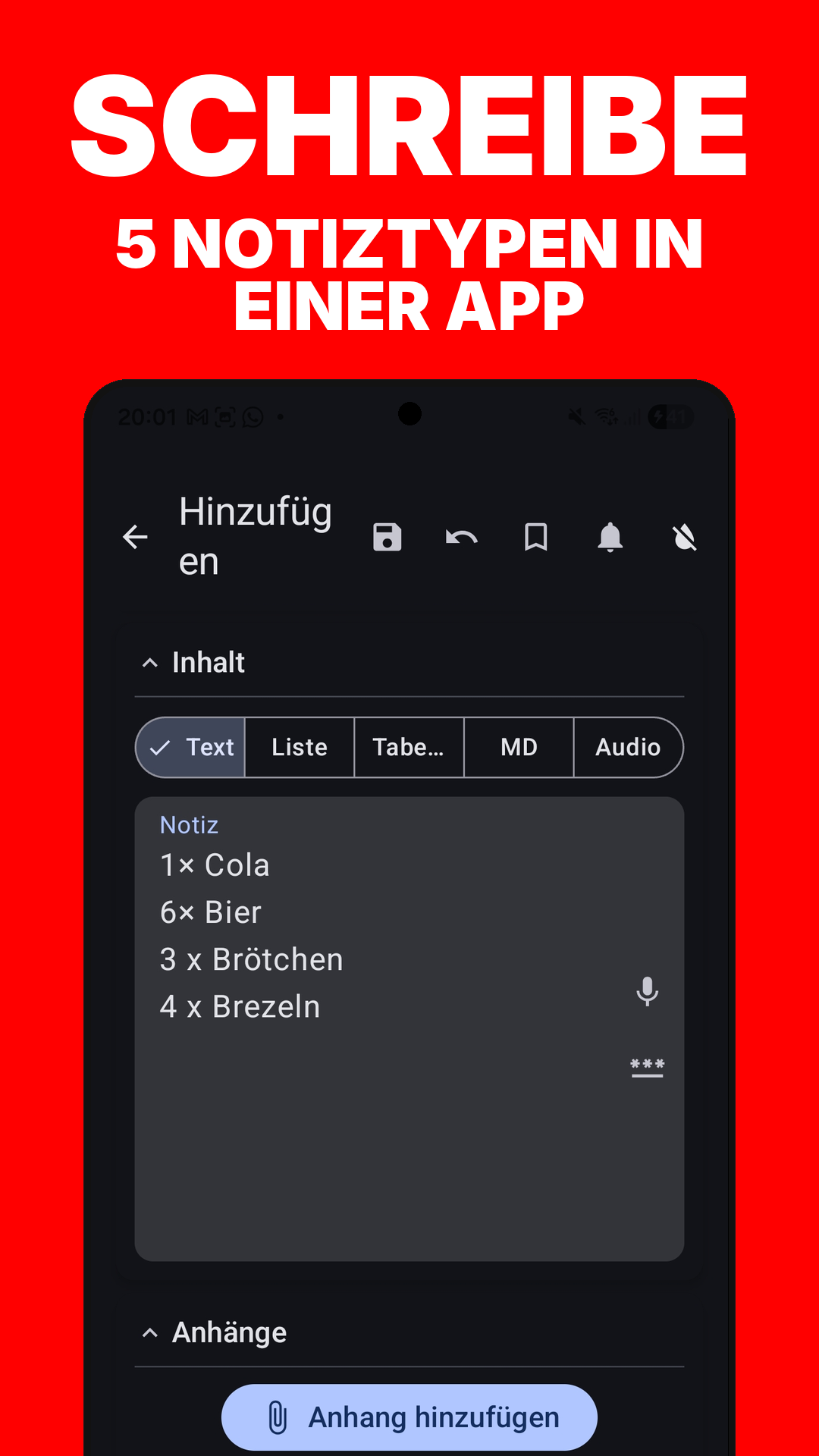 Fünf Notiztypen in einer App