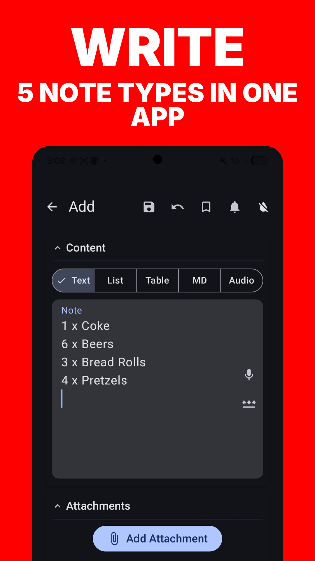 Write notes in five different types