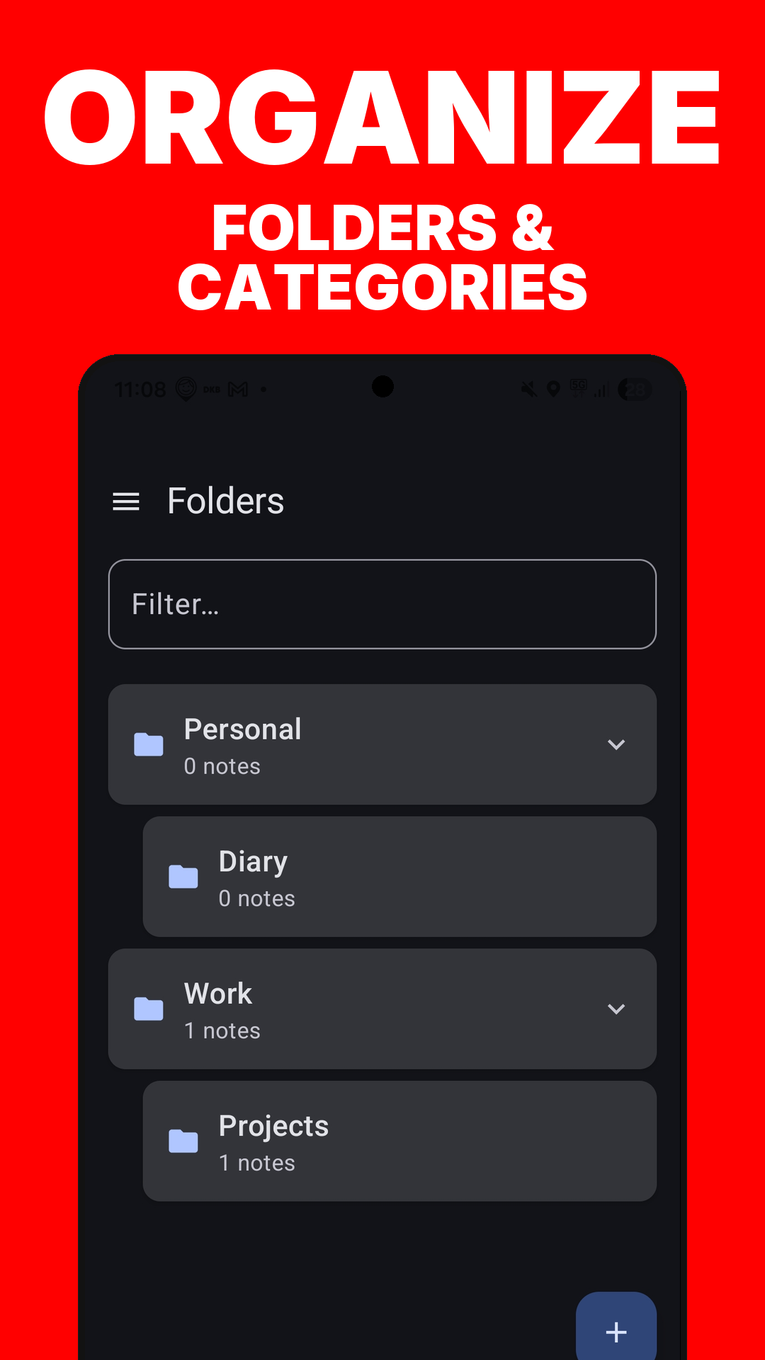 Organize notes in folders and categories