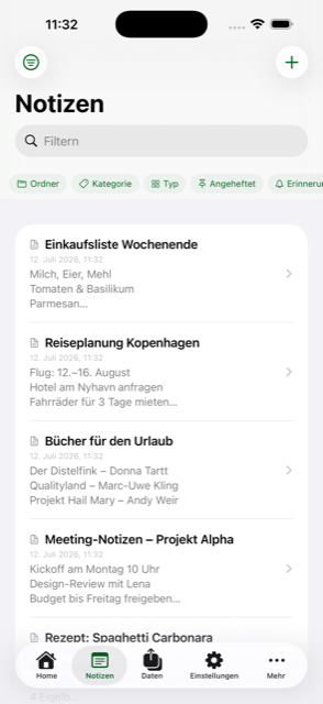 Die Notizliste mit Kategorien, Bewertungen und Vorschau