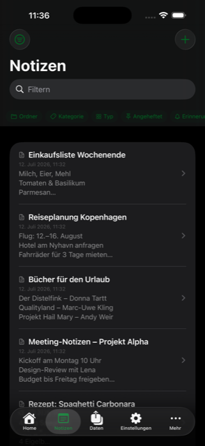 Dieselbe Notizliste im dunklen Modus