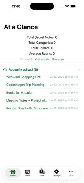 At a Glance: reminders due today, pinned and recent notes