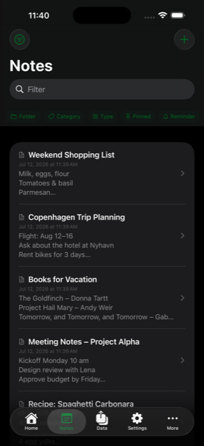 The same note list in dark mode