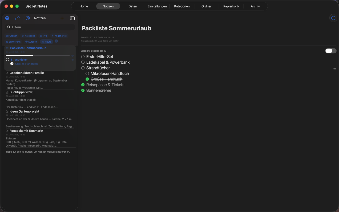 Liste und Notiz nebeneinander im Mac-Fenster